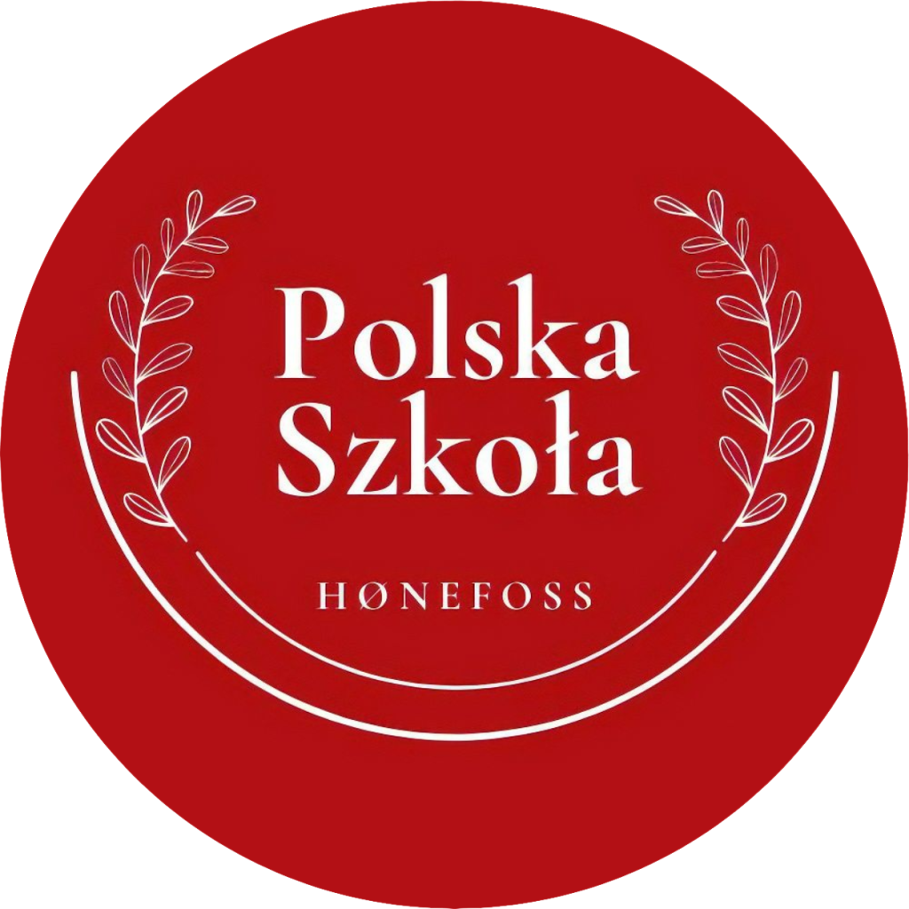 Logo w kształcie czerwonego okręgu z białym napisem "Polska Szkoła HØNEFOSS" w środku, otoczonym dwiema gałązkami.