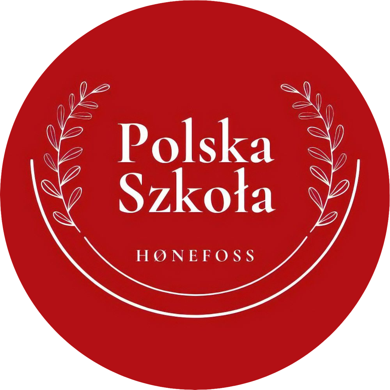 Logo w kształcie czerwonego okręgu z białym napisem "Polska Szkoła HØNEFOSS" w środku, otoczonym dwiema gałązkami.