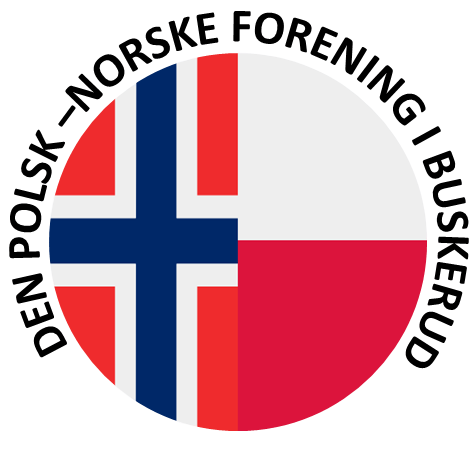 Logo okrągłe, w dwóch połowach. Lewa strona to flaga Norwegii z granatowym krzyżem na czerwonym tle. Prawa strona to flaga Polski (biało-czerwona). Wokół flag widnieje czarny napis: "DEN POLSK-NORSKE FORENING I BUSKERUD".